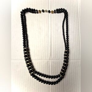 Vintage Napier Necklace 2 Multi Strand Black Lucite‎ Beads Gold Tone Spacers 80s